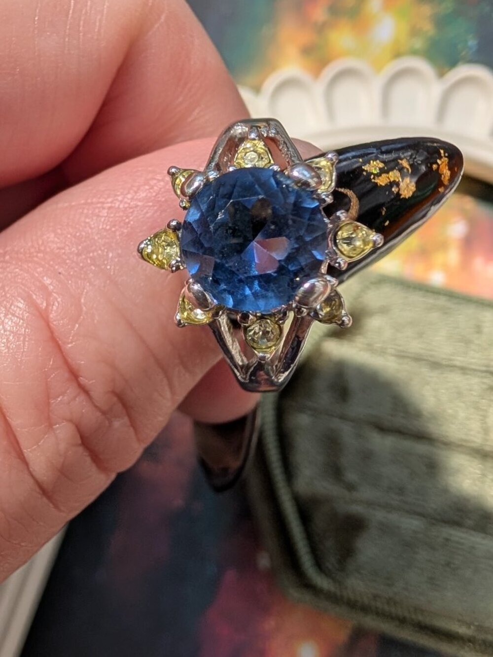 Vintage Celestial Ring, Silver Tone 14K GE Sunburst with Blue & Yellow Stones